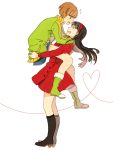  2girls aiwatan amagi_yukiko black_hair blush boots brown_hair carrying couple hairband happy jacket lifting megami_tensei multiple_girls persona persona_4 satonaka_chie shin_megami_tensei simple_background skirt yuri 