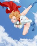  1girl artist_request ass blonde_hair blue_eyes boots breasts butt_crack cape cleavage dc_comics female flying high_heels kryptonian leotard power_girl short_hair sky smile solo 