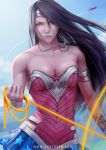  1girl bare_shoulders black_hair blue_sky breasts circlet cleavage collarbone dc_comics jewelry karl_liversidge lasso looking_at_viewer motion_blur necklace sky solo_focus superman superman_(series) toned wonder_woman wonder_woman_(series) 