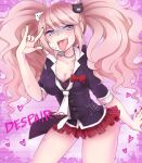  1girl blue_eyes breasts cleavage dangan_ronpa dangan_ronpa_1 enoshima_junko female hair_ornament large_breasts long_hair looking_at_viewer necktie open_mouth pink_hair plaid plaid_skirt saliva school_uniform skirt smile solo tongue tongue_out twintails 