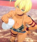  1girl bare_shoulders blonde_hair breasts camouflage choker cleavage female from_above green_eyes highres mito_ikumi screencap shokugeki_no_souma short_hair solo standing stitched 