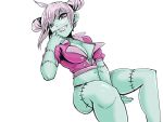  1girl breasts cleavage fangs female finger_to_mouth green_skin large_breasts lavender_hair monster_girl nikuman_(artist) saliva saliva_trail scar simple_background solo stitches violet_eyes zombie 