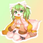  1girl artist_request dog female full_body furry gradient gradient_background green_eyes green_hair long_hair open_mouth sitting solo 