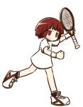  1girl :o medisuke original red_eyes redhead running shirt skirt t-shirt tennis_racket tennis_uniform 