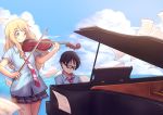  1boy 1girl arima_kousei artist_request black_hair blonde_hair breasts closed_eyes clouds glasses instrument long_hair miyazono_kawori necktie piano school_uniform shigatsu_wa_kimi_no_uso short_hair skirt sky smile violet_eyes violin water 