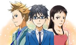  1boy 1girl aiza_takeshi arima_kousei bare_shoulders black_hair blonde_hair blue_eyes breasts brown_eyes dress glasses igawa_emi necktie shigatsu_wa_kimi_no_uso short_hair smile suit 