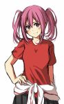  1girl blush chiiririn closed_mouth female hand_on_hip looking_at_viewer original pink_eyes pink_hair red_shirt shirt short_hair simple_background smile solo t-shirt twintails white_background 