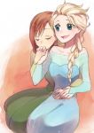  2girls anna_(frozen) blue_eyes elsa_(frozen) frozen_(disney) long_hair multiple_girls simple_background tagme tuhut yuri 