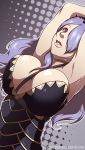  1girl armpits arms_up between_breasts breasts camilla_(fire_emblem_if) choker cleavage female fire_emblem fire_emblem_if francesco_simioni hair_over_one_eye large_breasts lavender_hair long_hair parted_lips solo strap thick_lips upper_body violet_eyes 