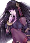  1girl biting black_hair bodystocking breasts bridal_gauntlets covered_navel erect_nipples female fire_emblem fire_emblem_if hair_ornament hairband hime_cut large_breasts long_hair shara_(fire_emblem_if) solo syalla_(fire_emblem_if) teruru upper_body violet_eyes 