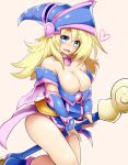  1girl bare_legs bare_shoulders blonde_hair blue_eyes blush boots breasts collar dark_magician_girl detached_sleeves duel_monster female hat heart highres large_breasts long_hair looking_at_viewer mizuyan no_bra riding simple_background smile solo wand wizard_hat yu-gi-oh! yuu-gi-ou_duel_monsters 