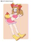  10s 1girl animal_ears aqua_eyes blush boots bow bracelet breasts brown_hair crop_top eyelashes fake_animal_ears fennekin_(cosplay) full_body hair_bow hands_up jewelry long_hair looking_back midriff miniskirt navel nintendo open_mouth pink_bow pink_shirt pink_skirt pokemon pokemon_(anime) pokemon_(game) pokemon_xy serena_(pokemon) shirt skirt solo striped striped_background tail yellow_boots 