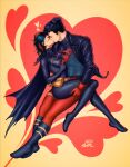  1boy 1girl 2dswirl artist_name batgirl batman_(series) belt black_cape black_hair black_jacket blue_bodysuit bodysuit boots breasts cape cassandra_cain closed_eyes clothes_grab commentary_request commission couple dc_comics earrings english_commentary full_body gloves hand_on_another&#039;s_head heart heart_background hetero highres jacket jewelry kiss kon-el open_clothes open_jacket red_bodysuit red_gloves short_hair sitting sitting_on_lap sitting_on_person skin_tight spandex superboy superhero superman_(series) undercut utility_belt 
