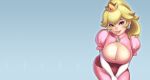  1girl bent_over blonde_hair blue_eyes breasts cleavage cleavage_cutout crown dress earrings elbow_gloves eyelashes eyeliner eyeshadow female gloves gradient gradient_background jewelry large_breasts leaning_forward lips looking_at_viewer makeup maou_alba mini_crown pink_dress princess_peach puffy_sleeves simple_background solo super_mario_bros. v_arms wallpaper white_gloves 