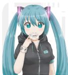  1girl aqua_eyes aqua_hair collarbone doughnut female hair_ornament hatsune_miku hood long_hair looking_at_viewer mouth_hold novcel short_sleeves simple_background smile solo twintails vocaloid white_background 