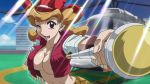  1girl belt bow bowtie breasts collared_shirt cowboy_hat female hand_on_hip hat helicopter holding large_breasts light_brown_hair looking_at_viewer melissa_claire microphone midriff no_bra one_eye_closed open_mouth photoshop red_eyes screencap shirt sky smile staff sunlight upper_body vehicle vest western wink yu-gi-oh! yuu-gi-ou_arc-v 