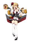  1girl alcohol beer beer_mug blonde_hair breasts german_clothes high_heels kantai_collection open_mouth prinz_eugen_(kantai_collection) simple_background smile twintails white_legwear 