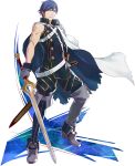  1boy blue_eyes blue_hair buckle cape closed_mouth fire_emblem fire_emblem:_kakusei full_body gloves holding holding_sword holding_weapon krom male nintendo official_art project_x_zone_2 short_hair simple_background standing sword transparent_background weapon 
