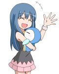  00s 1girl bare_shoulders blue_hair female happy hikari_(pokemon) hug long_hair mikan_imo piplup pokemon pokemon_(anime) pokemon_(game) pokemon_dppt salute simple_background skirt smile 