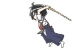  1girl armor black_hair bougu hakama japanese_clothes medisuke original shinai simple_background solo swinging sword weapon 