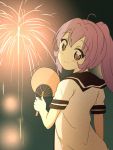  1girl bangs blush brown_eyes fan fireworks glowing hair_intakes holding_fan looking_at_viewer paper_fan ponytail purple_hair school_uniform serafuku smile solo sugiura_ayano tata_(tataice) yuru_yuri 