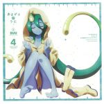  1girl ahoge album_cover barefoot blue_skin boots character_name closed_eyes cover facing_viewer feet female goo_girl green_hair highres hood long_hair monster_girl monster_musume_no_iru_nichijou official_art rainboots raincoat shoes_removed simple_background smile solo suu_(monster_musume) tentacle_hair 