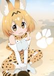  1girl animal_ears blonde_hair bow bowtie breasts cross-laced_clothes elbow_gloves eyebrows_visible_through_hair gloves hair_between_eyes high-waist_skirt highres indian_style kemono_friends looking_at_viewer medium_breasts open_mouth paw_print serval_(kemono_friends) serval_ears serval_print serval_tail shirt shoes short_hair sitting skirt sleeveless sleeveless_shirt smile solo striped_tail tail v_arms yellow_eyes yumekaranigeruna 