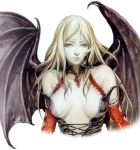  1girl annette_(castlevania) blonde_hair breasts castlevania castlevania:_dracula_x_chronicles corruption corset dark_persona female jewelry large_breasts lips official_art pale_skin red_eyes ruby simple_background solo succubus tattoo vampire wings 