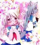  2girls artist_request blue_hair brown_eyes cat dog female flower furry glasses letter long_hair love_letter multiple_girls pink_eyes pink_hair plant school_uniform skirt twintails uniform 