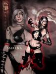 1girl artist_request breasts fingerless_gloves gloves gothic lipstick makeup midway_(company) mortal_kombat mortal_kombat_armageddon mortal_kombat_mythologies_(sub-zero) multicolored_hair navel sareena solo tattoo thigh-highs yellow_eyes