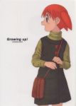  1girl azumanga_daioh dress english mihama_chiyo open_mouth purse redhead ribbed_sweater short_twintails simple_background solo standing sweater text turtleneck twintails white_background 
