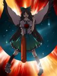  :o black_hair black_wings bow cape eyes hair_bow highres hitoto long_hair open_mouth pointing red_eyes reiuji_utsuho standing touhou weapon wings 