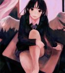  barefoot black_hair blazer bob_cut brown_eyes classroom from_above long_hair looking_up miniskirt nimirom original payot pleated_skirt ribbon school_uniform sitting skirt solo somber thighs wings 
