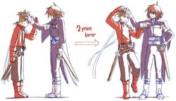  angry brown_eyes brown_hair dual_persona embarrassed father_and_son highres kratos_aurion lloyd_irving male multiple_boys pat patting petting red_eyes red_hair redhead shimabara short_hair smile sword tales_of_(series) tales_of_symphonia time_paradox weapon white_background 