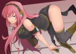  armlet bad_id bare_shoulders black_legwear black_thighhighs blue_eyes boots breasts detached_sleeves headset knee_boots large_breasts long_hair long_skirt megurine_luka nail_polish pink_hair side_slit smile solo tattoo thigh-highs thighhighs thighs vocaloid yaguchiya 