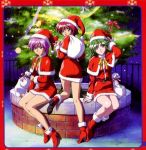  90s asou_kasumi belt boots christmas christmas_tree green_hair hat high_heels hinomoto_hikari kokura_masashi multiple_girls night official_art outdoors purple_hair red_border red_hair sack santa_costume santa_hat santa_suit scan shoes short_hair sitting smile tokimeki_memorial tokimeki_memorial_2 tree yae_kaori 