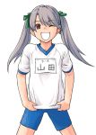  :d babynine grey_hair gym_uniform hair_ribbon happy minato_fumi name_tag open_mouth ribbon shorts smile twintails wink 