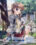  1girl armor bangs blue_eyes braid breastplate brown_hair drink drinking drinking_straw drinking_straw_in_mouth female gauntlets greaves highres holding holding_drink komori_kei long_hair noel_maresse_ascot outdoors scan sitting solo straw thigh-highs thighhighs tree vambraces walkure_romanze zettai_ryouiki 