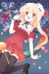  :o adapted_costume ascot bad_id bat_wings black_legwear blonde_hair blush bow candy dress fang flandre_scarlet flower frills hair_flower hair_ornament hat lollipop mini_hat omiso omiso_(omiso) open_mouth red_eyes short_hair side_ponytail solo swirl_lollipop thigh-highs thighhighs touhou wings zettai_ryouiki 