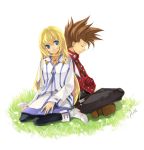  1girl aria_(aria_chu) back-to-back blonde_hair blue_eyes boots brown_hair choker closed_eyes colette_brunel couple crossed_arms indian_style jewelry lloyd_irving long_hair pantyhose sitting sleeping smile tales_of_(series) tales_of_symphonia wariza 