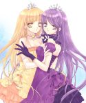   2girls blonde_hair dress frilly gloves hugging lace long_hair purple_hair tiara violet_eyes  