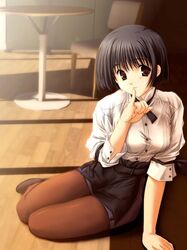  arm_support asou_asuna black_hair bow brown_eyes finger_to_mouth mitsumi_misato pantyhose photoshop short_hair tenshi_no_inai_12-gatsu waitress 