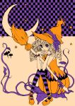  broom hat long_hair moon mutsuki_futako mutsukifutako_(pixiv) original pantyhose pumpkin purple_eyes purple_legwear smile striped striped_legwear striped_pantyhose violet_eyes witch witch_hat 