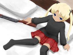  bed blonde_hair blue_eyes dark_skin flat_chest from_above gun gunslinger_girl hair_ornament hair_ribbon highres loli looking_up miniskirt pillow plaid_skirt ribbon shotgun sitting skirt smile sweater tartan thigh-highs triela twintails v4 weapon zettai_ryouiki 