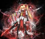  blonde_hair blush cosplay flandre_scarlet guilty_gear long_hair red_eyes side_ponytail sol_badguy sol_badguy_(cosplay) solo sutagu sword touhou weapon 