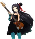  1girl akiyama_mio bangs bass_guitar black_hair blue_eyes blue_legwear blunt_bangs don&#039;t_say_&quot;lazy&quot; don&#039;t_say_lazy dress elbow_gloves face_paint facepaint gloves hat hime_cut instrument jiji_(wander_plug) k-on! long_hair microphone microphone_stand mini_top_hat pantyhose solo top_hat 