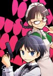  antenna_hair black_hair blue_eyes braid brown_eyes brown_hair face glasses gun handgun heebee idolmaster kikuchi_makoto m1911 maid pistol short_hair tongue twin_braids weapon wink 