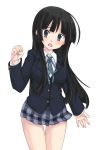  1girl akiyama_mio bad_id bangs black_eyes black_hair blazer blunt_bangs clenched_hand hime_cut itou_ayachi itou_ikuri k-on! long_hair miniskirt open_mouth payot plaid plaid_skirt pleated_skirt raised_fist ribbon school_uniform simple_background skirt solo standing tartan thigh_gap 