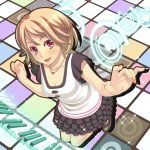  blonde_hair blush bob_cut breasts brown_hair cleavage foreshortening frills from_above hands instrument jewelry keyboard lipstick looking_up miniskirt multicolored_hair nail_polish necklace open_mouth original piano_keys red_eyes short_hair skirt smile solo terumii two-tone_hair 