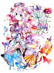  butterfly colorful fan flower hat highres japanese_clothes kimono legomaru pink_hair saigyouji_yuyuko short_hair touhou traditional_media watercolor watercolor_(medium) 